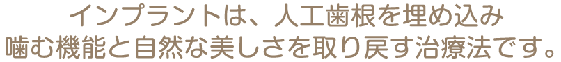 インプラントは、人工歯根を埋め込み噛む機能と自然な美しさを取り戻す治療法です。